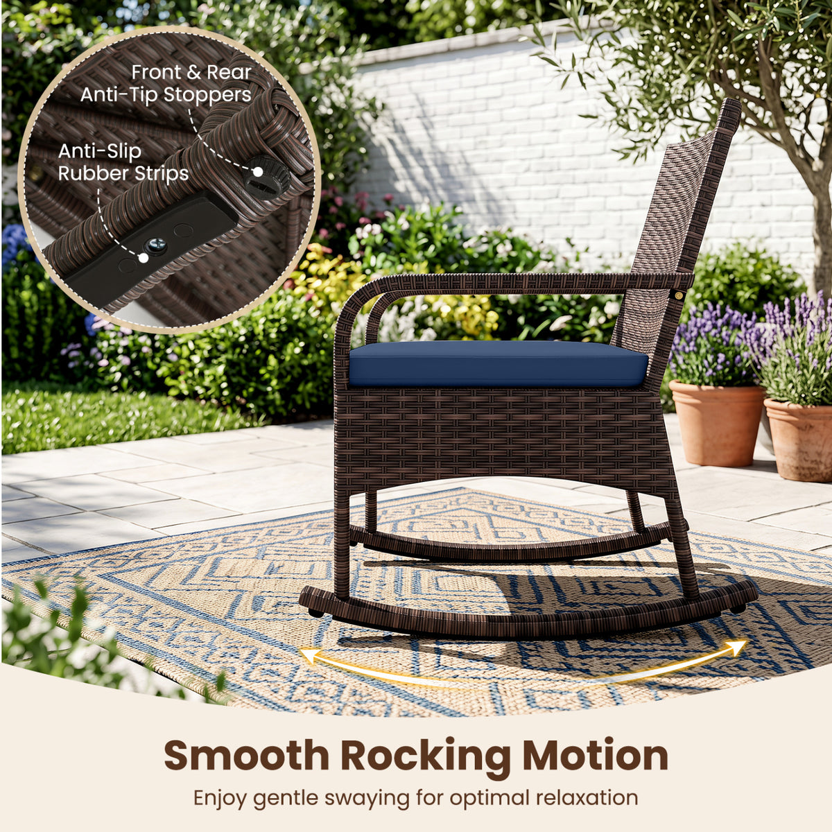3 Pieces PE Wicker Rocking Bistro Set with 2-Tier Side Table Cushions and Ergonomic Armchairs for Porch-Navy
