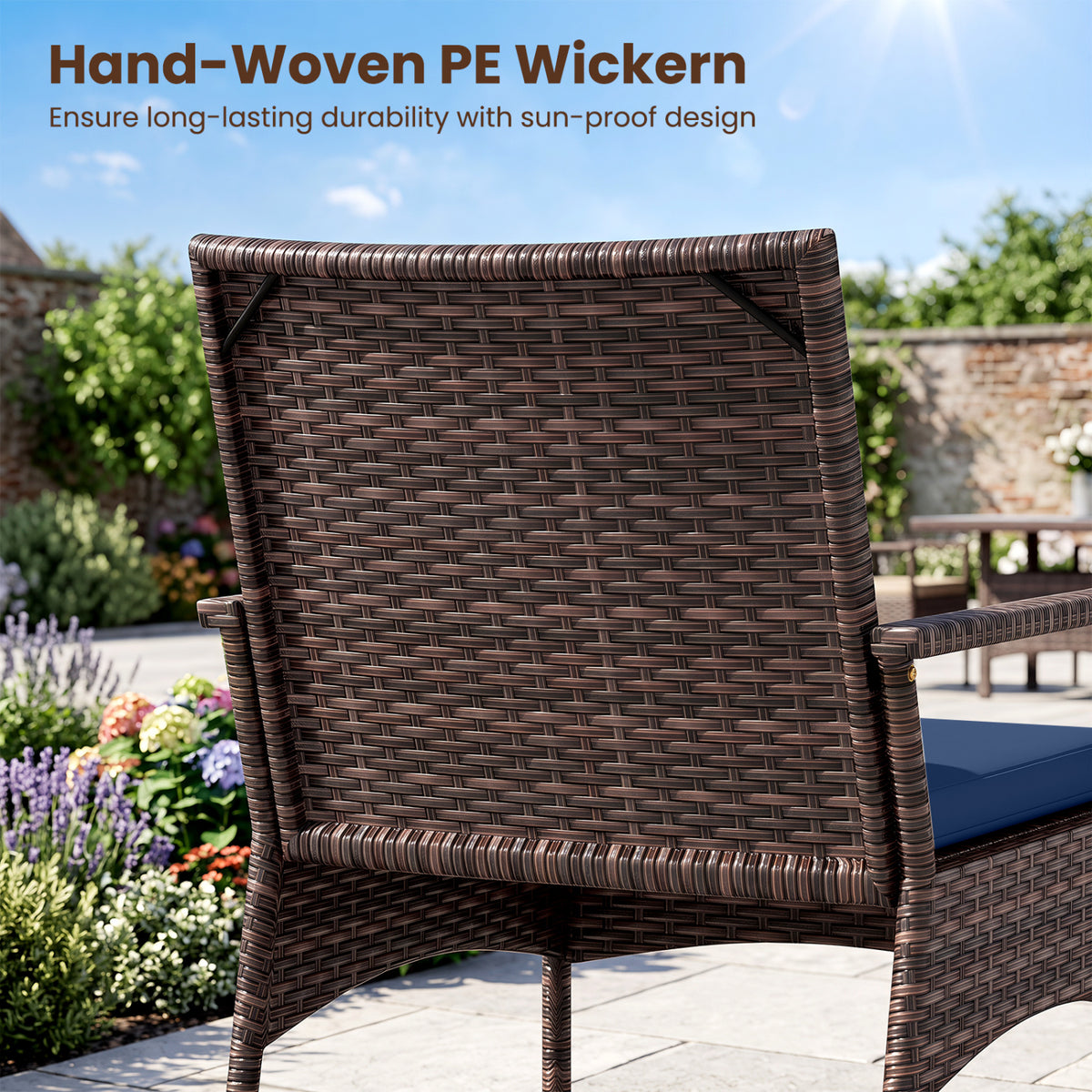 3 Pieces PE Wicker Rocking Bistro Set with 2-Tier Side Table Cushions and Ergonomic Armchairs for Porch-Navy