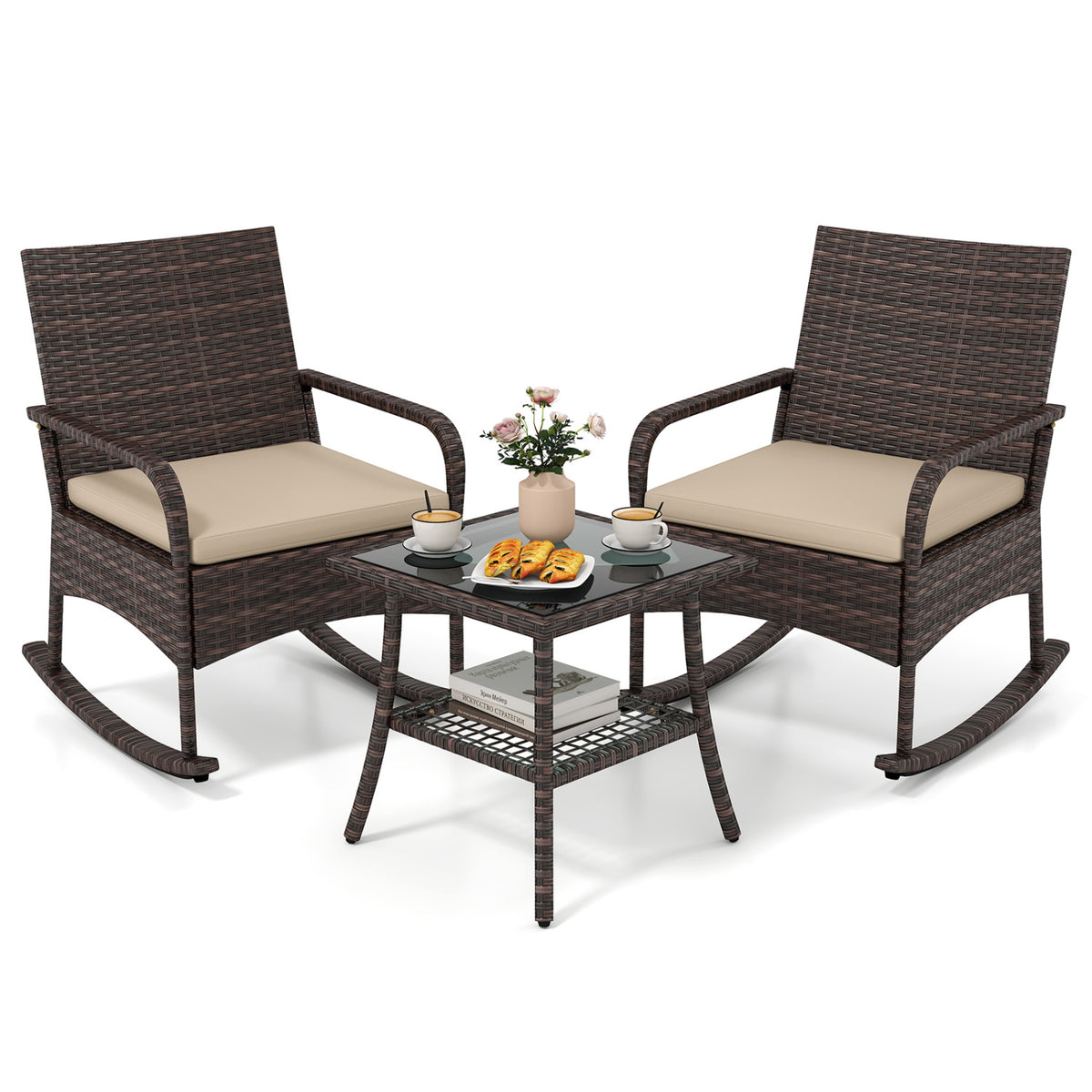 3 Pieces PE Wicker Rocking Bistro Set with 2-Tier Side Table Cushions and Ergonomic Armchairs for Porch-Brown