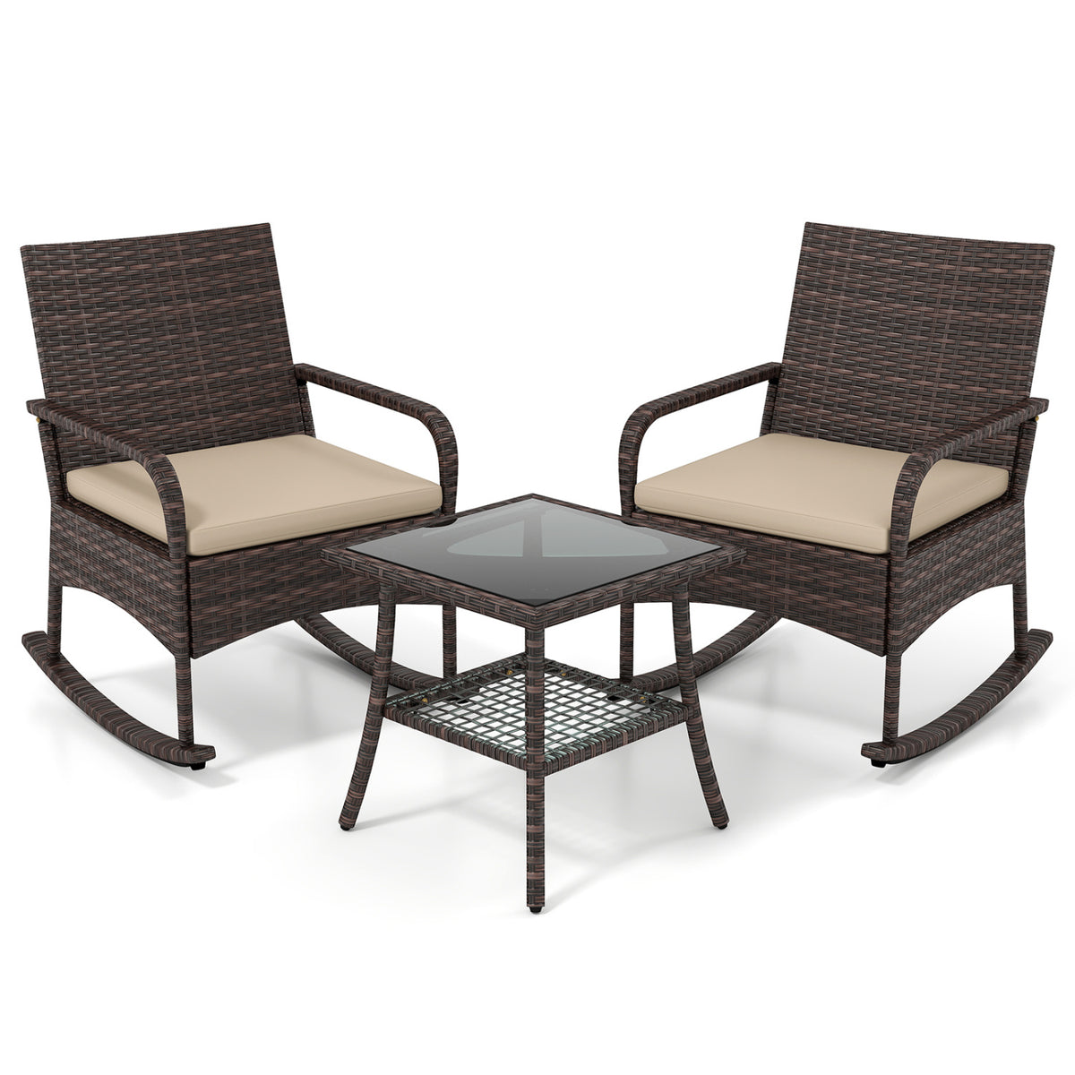 3 Pieces PE Wicker Rocking Bistro Set with 2-Tier Side Table Cushions and Ergonomic Armchairs for Porch-Brown