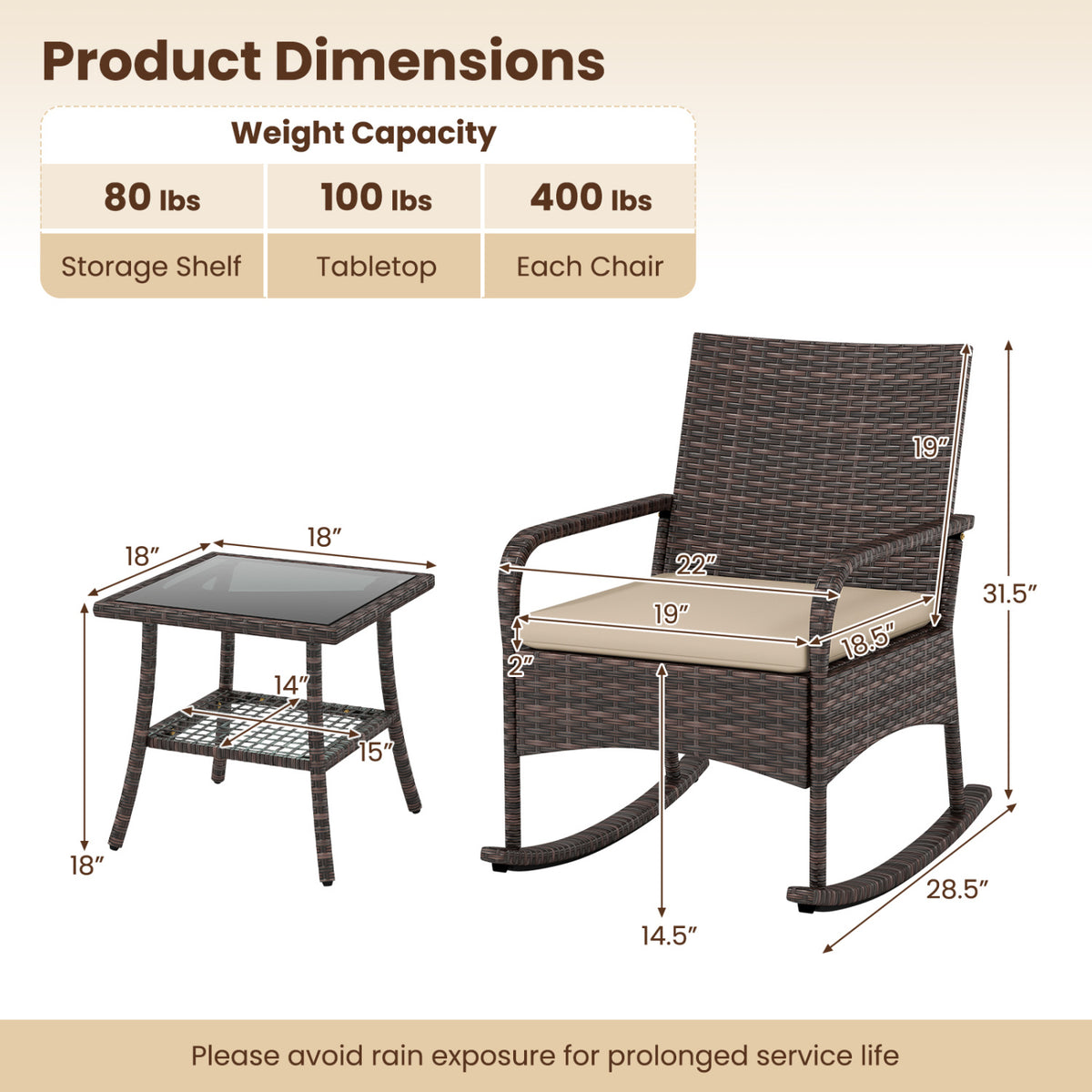 3 Pieces PE Wicker Rocking Bistro Set with 2-Tier Side Table Cushions and Ergonomic Armchairs for Porch-Brown