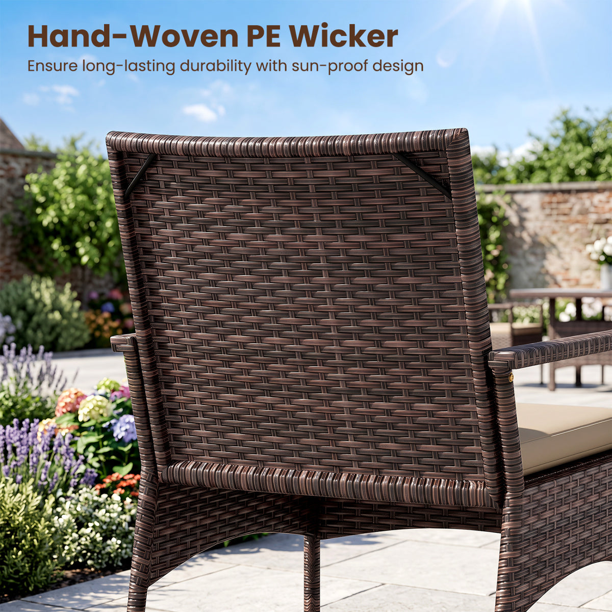 3 Pieces PE Wicker Rocking Bistro Set with 2-Tier Side Table Cushions and Ergonomic Armchairs for Porch-Brown