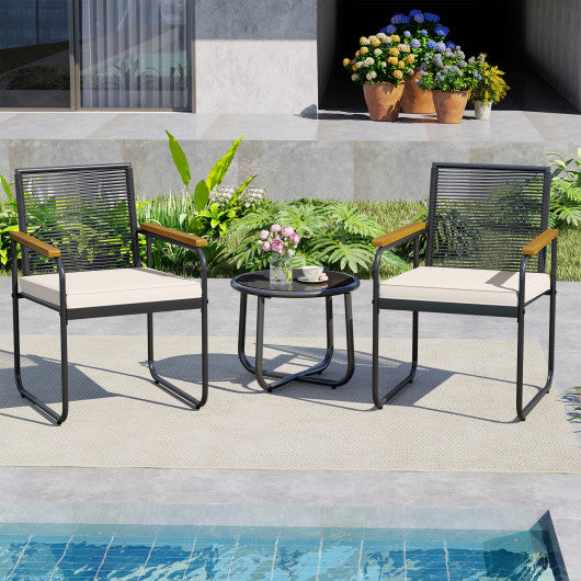 3 Pieces Patio Furniture Set PE Rattan Porch Chairs with Round Tempered Glass Top Table-White