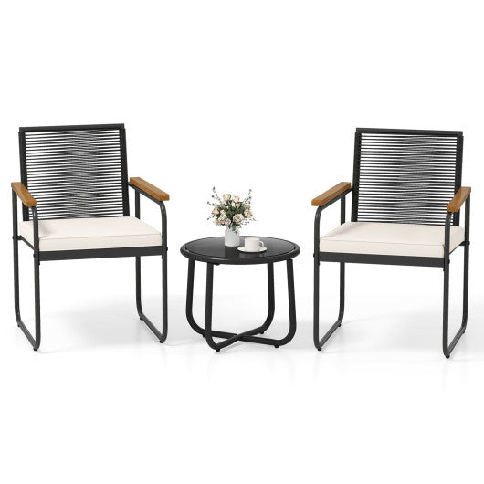 3 Pieces Patio Furniture Set PE Rattan Porch Chairs with Round Tempered Glass Top Table-White