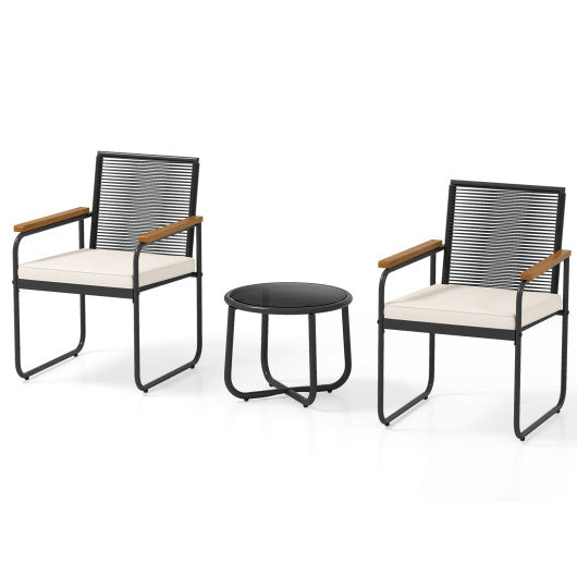 3 Pieces Patio Furniture Set PE Rattan Porch Chairs with Round Tempered Glass Top Table-White