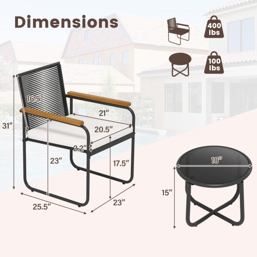 3 Pieces Patio Furniture Set PE Rattan Porch Chairs with Round Tempered Glass Top Table-White