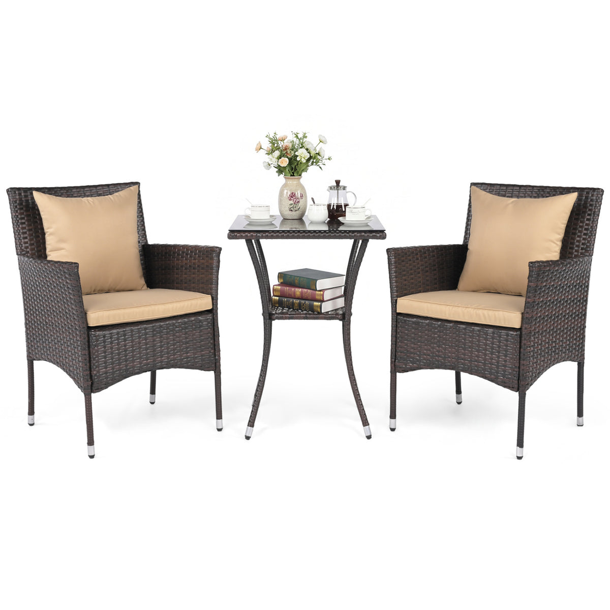 3 Pieces Patio Furniture Set with Cushioned Patio Chairs and Tempered Glass Coffee Table-Brown