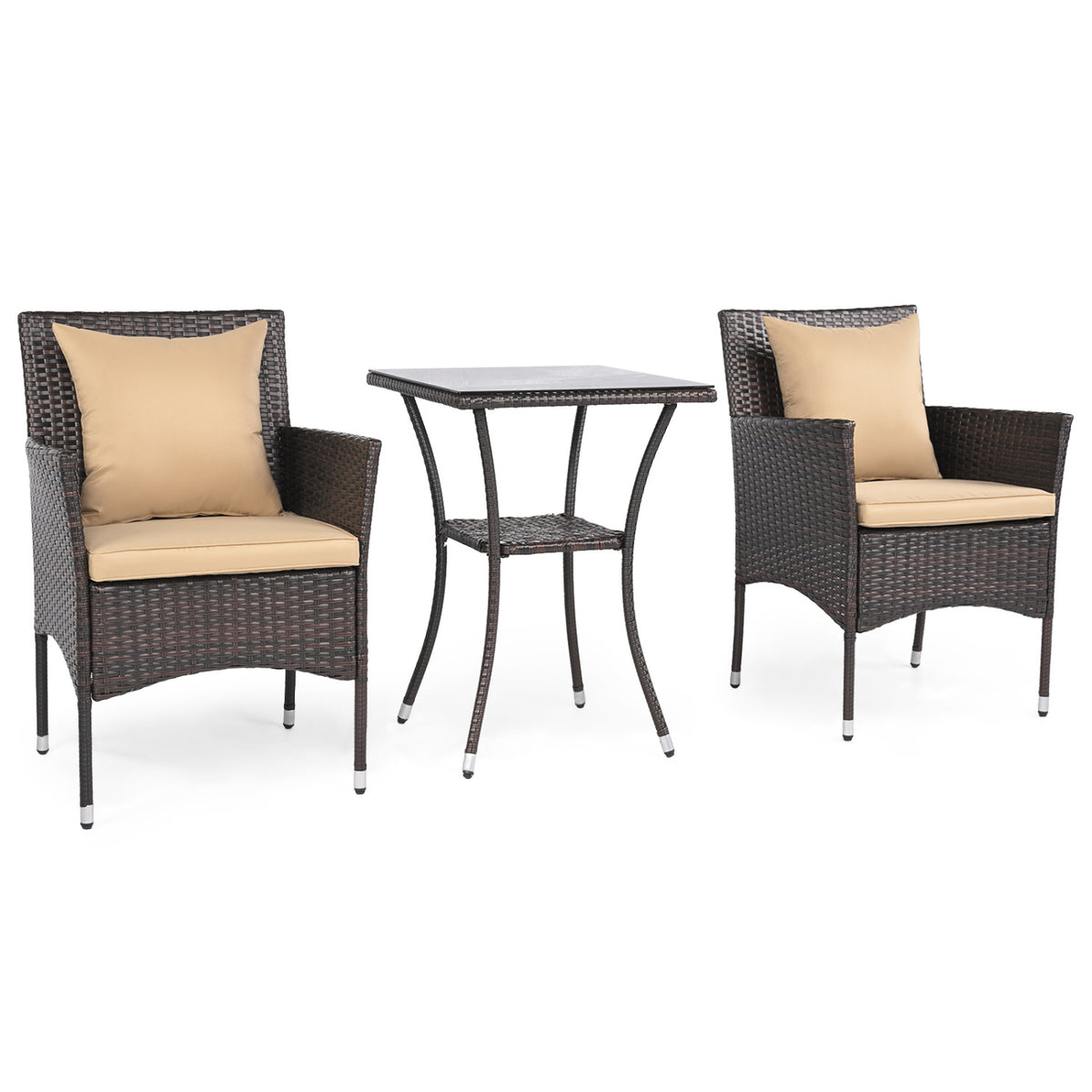 3 Pieces Patio Furniture Set with Cushioned Patio Chairs and Tempered Glass Coffee Table-Brown