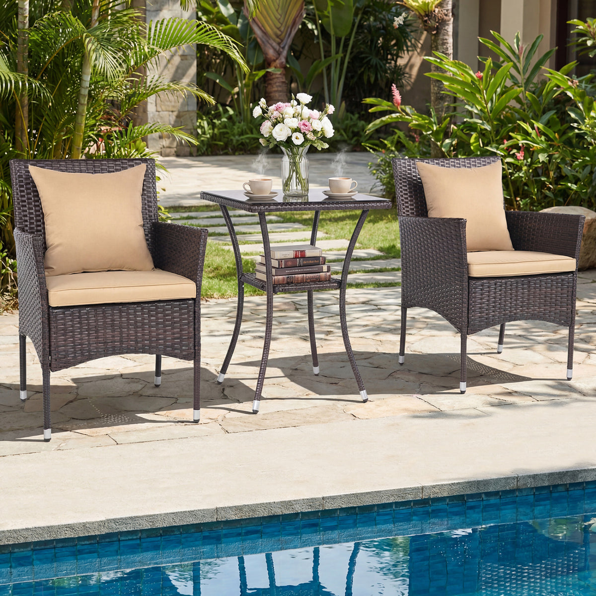 3 Pieces Patio Furniture Set with Cushioned Patio Chairs and Tempered Glass Coffee Table-Brown