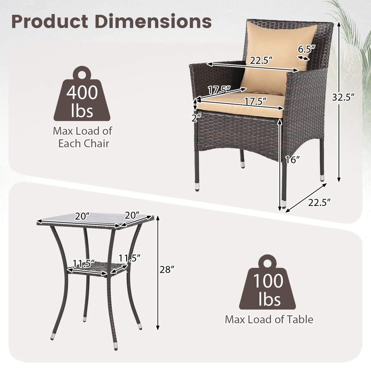 3 Pieces Patio Furniture Set with Cushioned Patio Chairs and Tempered Glass Coffee Table-Brown