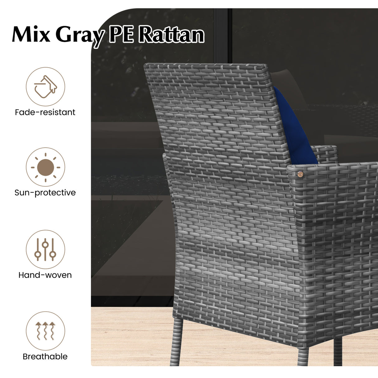 3 Pieces Patio Furniture Set with Cushioned Patio Chairs and Tempered Glass Coffee Table-Navy