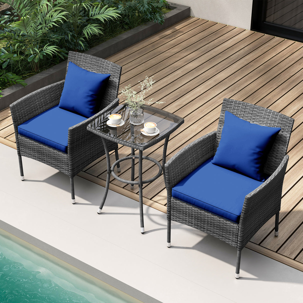 3 Pieces Patio Furniture Set with Cushioned Patio Chairs and Tempered Glass Coffee Table-Navy