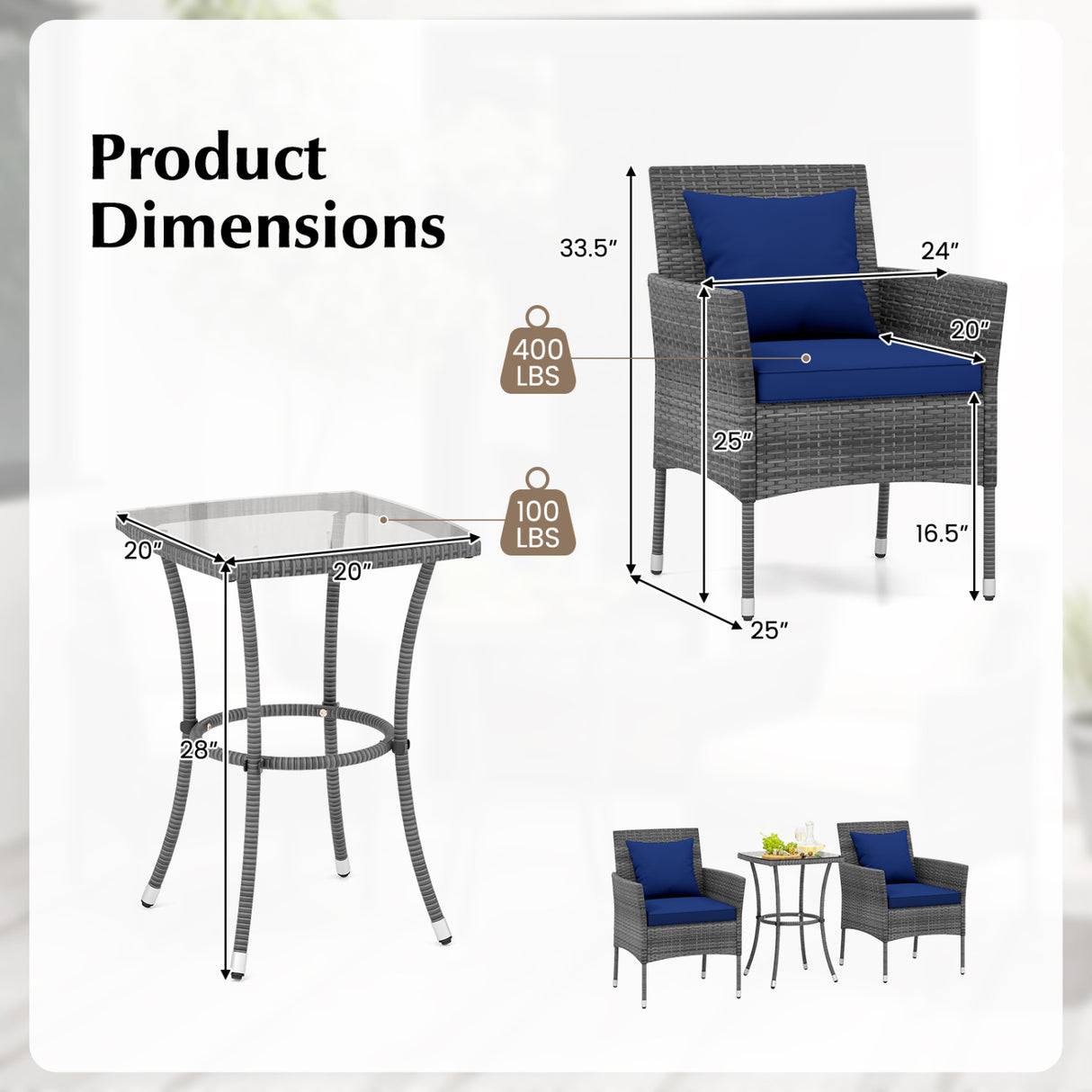3 Pieces Patio Furniture Set with Cushioned Patio Chairs and Tempered Glass Coffee Table-Navy