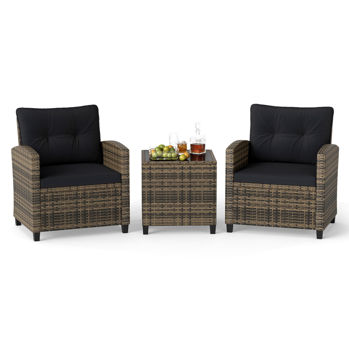 3 Pieces Patio Furniture Set with Tempered Glass Coffee Table-Black & Brown