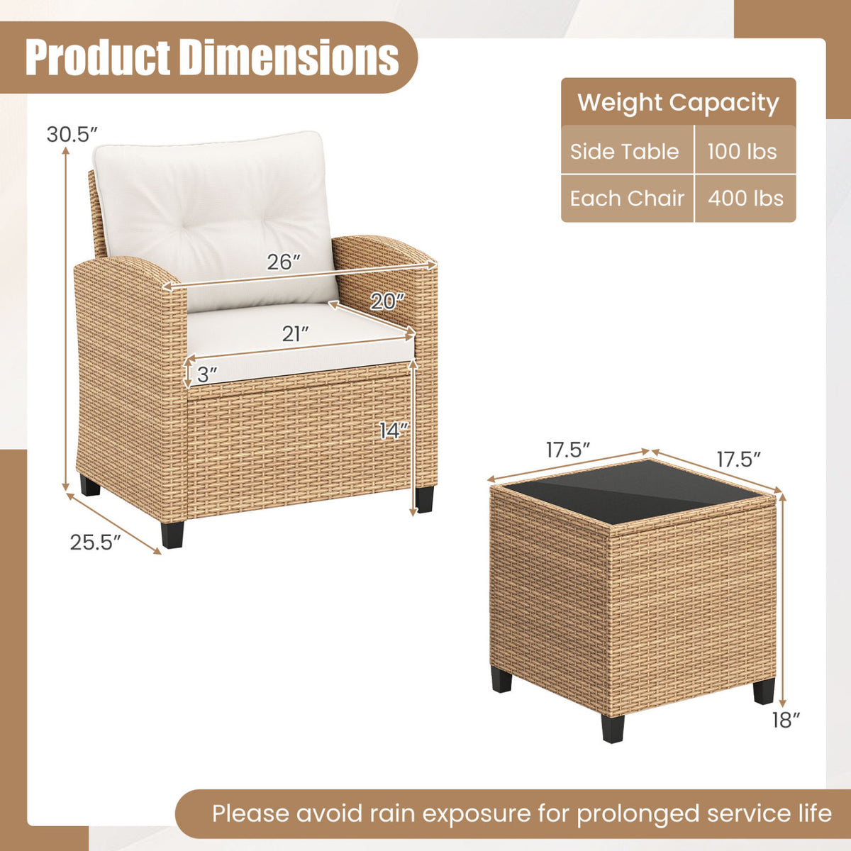 3 Pieces Patio Furniture Set with Tempered Glass Coffee Table-Tan White