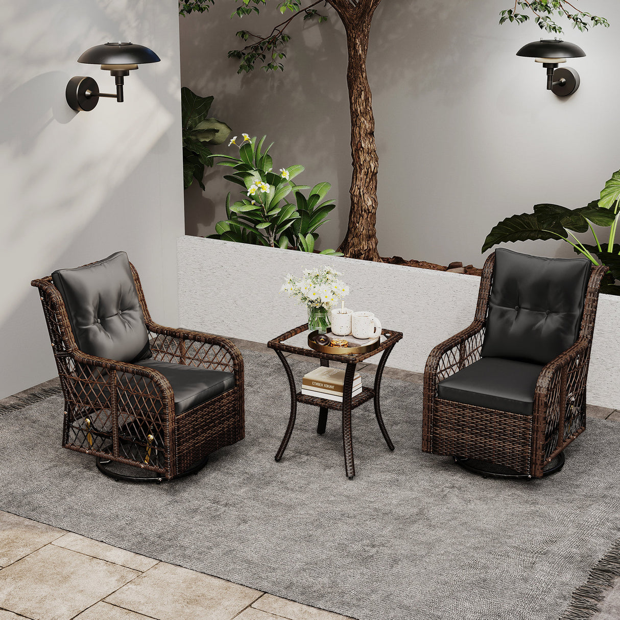 3 Pieces Patio Furniture Set PE Wicker Swivel Glider Chairs with 2-Tier Side Table and Cushions-Black