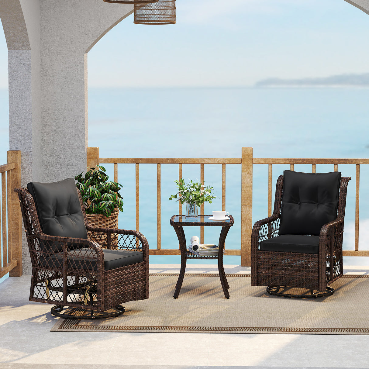 3 Pieces Patio Furniture Set PE Wicker Swivel Glider Chairs with 2-Tier Side Table and Cushions-Black