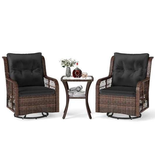 3 Pieces Patio Furniture Set PE Wicker Swivel Glider Chairs with 2-Tier Side Table and Cushions-Black