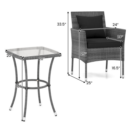 3 Pieces Patio Furniture Set with Cushioned Patio Chairs and Tempered Glass Coffee Table-Black