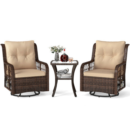 3 Pieces Patio Furniture Set PE Wicker Swivel Glider Chairs with 2-Tier Side Table and Cushions-Brown