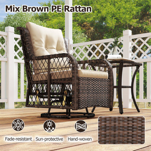 3 Pieces Patio Furniture Set PE Wicker Swivel Glider Chairs with 2-Tier Side Table and Cushions-Brown