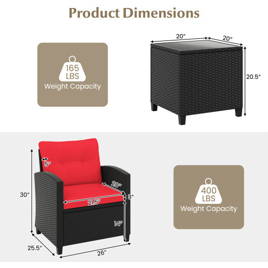 3 Pieces Patio Furniture Set with Tempered Glass Coffee Table-Red