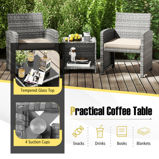3 Pieces Patio Furniture Set with Tempered Glass Coffee Table and Soft Seat Cushions-Gray