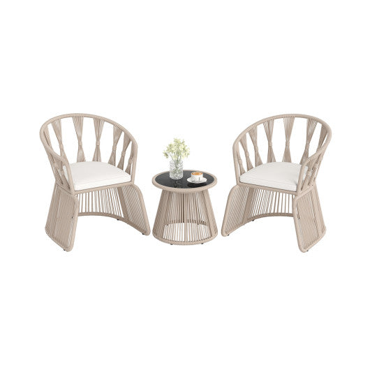 3 Pieces Patio Leisure Chair Set with Rope-Woven Armchairs and Seat Cushions-Off White