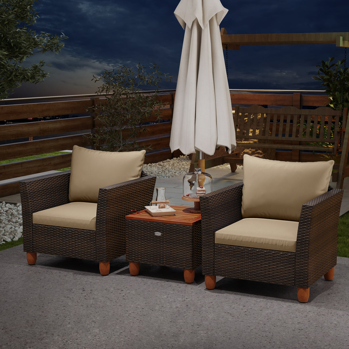 3 Pieces Patio PE Wicker Furniture Set with Cushions and Acacia Wood Storage Coffee Table-Beige