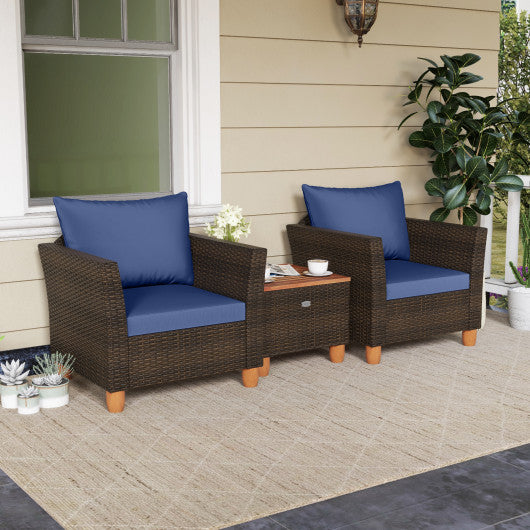 3 Pieces Patio PE Wicker Furniture Set with Cushions and Acacia Wood Storage Coffee Table-Navy