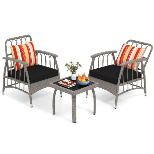 3 Pieces Patio PE Wicker Furniture Set with 5-Level Adjustable Backrest-Gray