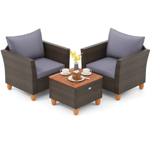 3 Pieces Patio Rattan Bistro Furniture Set with Wooden Table Top-Gray