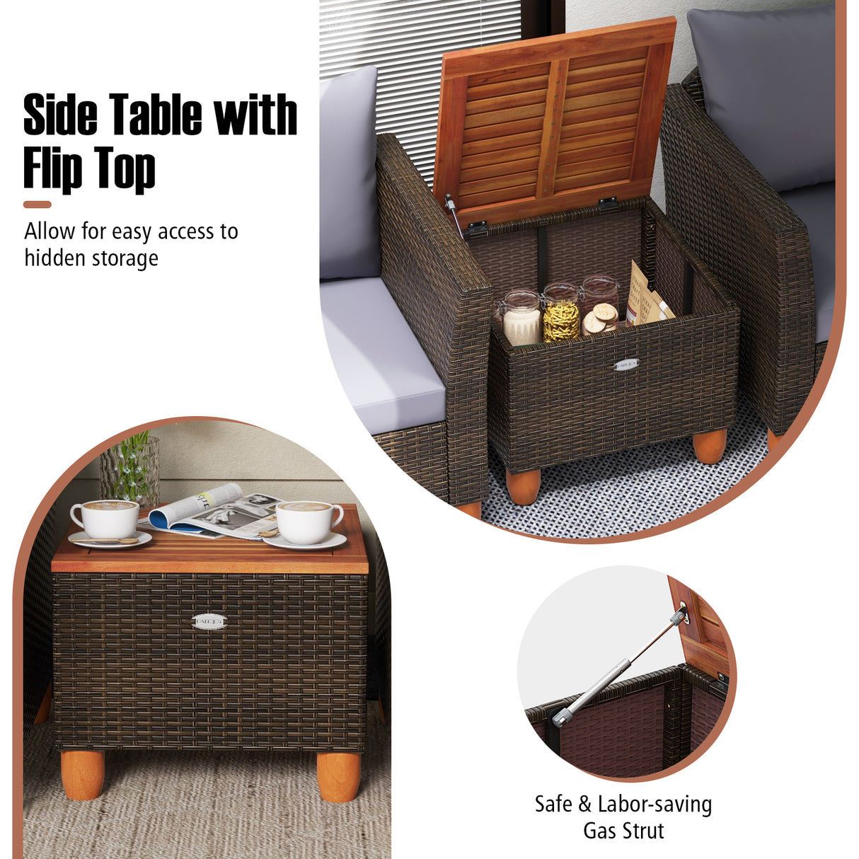 3 Pieces Patio Rattan Bistro Furniture Set with Wooden Table Top-Gray