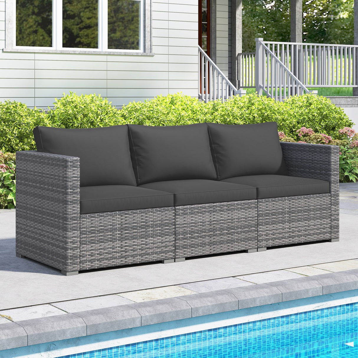 3 Pieces Patio Sectional Sofa Set PE Rattan Modular Couch Furniture Set with Soft Cushions-Black