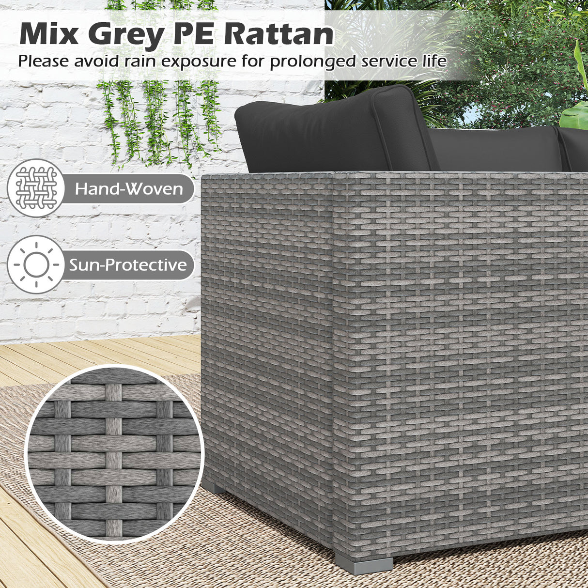 3 Pieces Patio Sectional Sofa Set PE Rattan Modular Couch Furniture Set with Soft Cushions-Black
