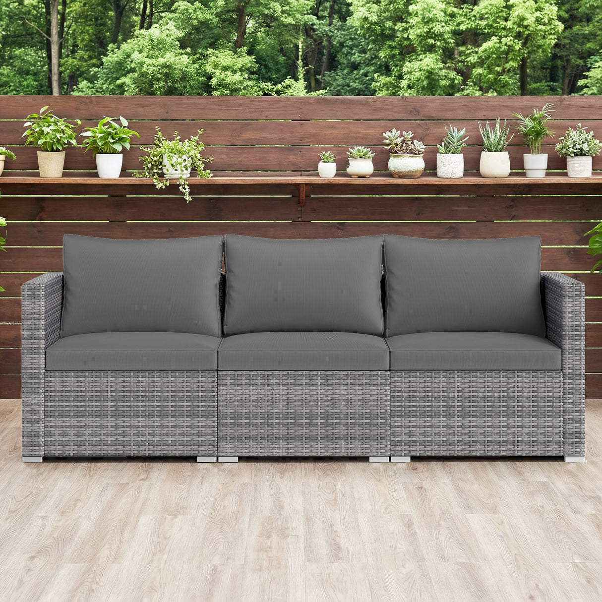 3 Pieces Patio Sectional Sofa Set PE Rattan Modular Couch Furniture Set with Soft Cushions-Gray