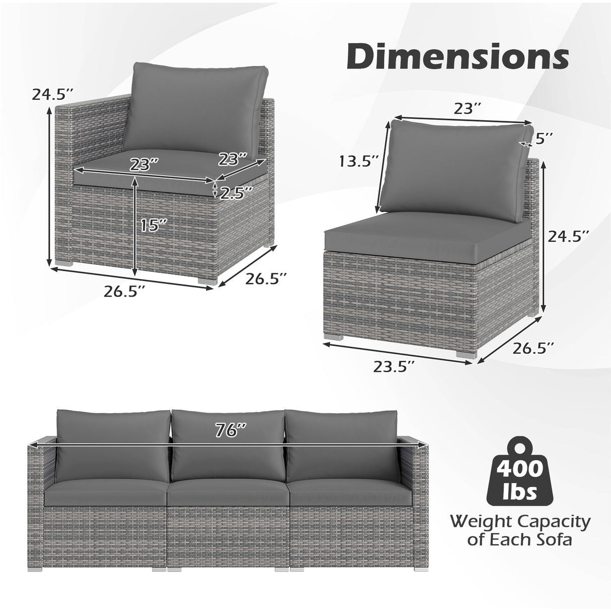 3 Pieces Patio Sectional Sofa Set PE Rattan Modular Couch Furniture Set with Soft Cushions-Gray