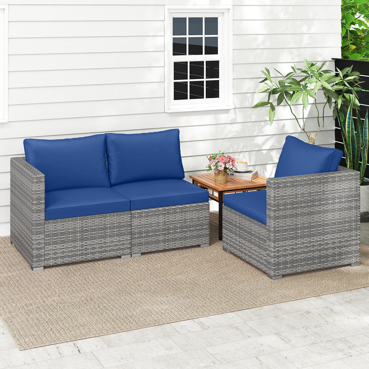3 Pieces Patio Sectional Sofa Set PE Rattan Modular Couch Furniture Set with Soft Cushions-Navy