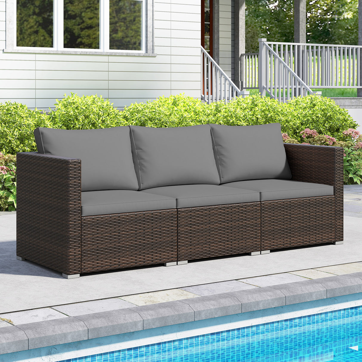 3 Pieces Patio Sectional Sofa Set with Soft Cushions-Gray