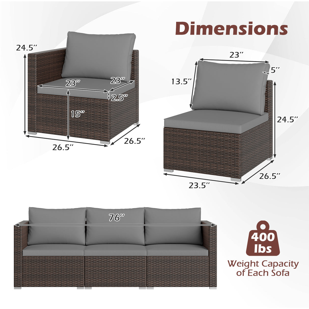 3 Pieces Patio Sectional Sofa Set with Soft Cushions-Gray