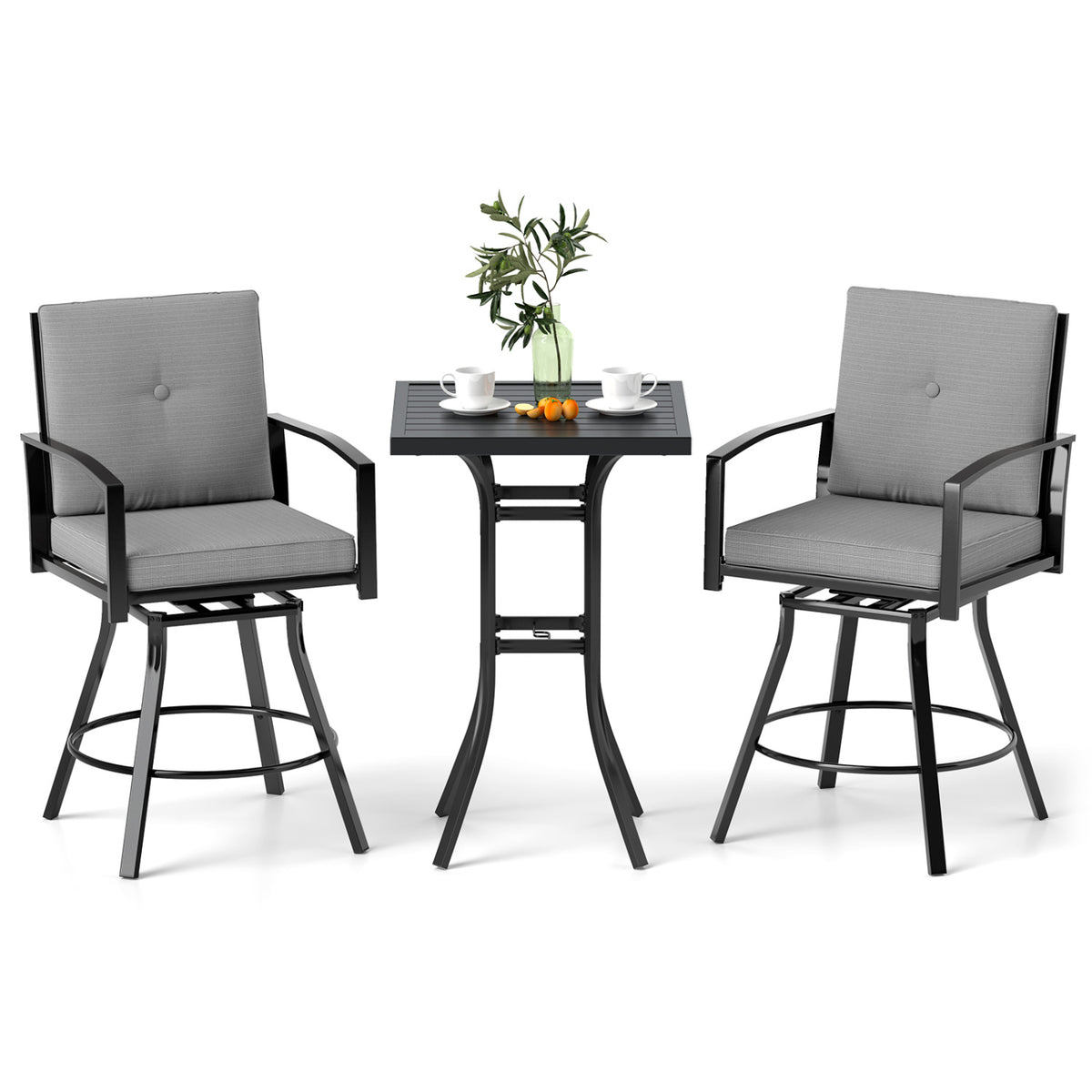 3 Pieces Patio Swivel Bar Set with Soft Cushions and Umbrella Hole-Gray