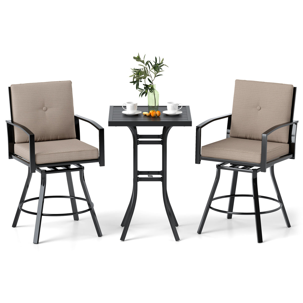 3 Pieces Patio Swivel Bar Set with Soft Cushions and Umbrella Hole-Brown