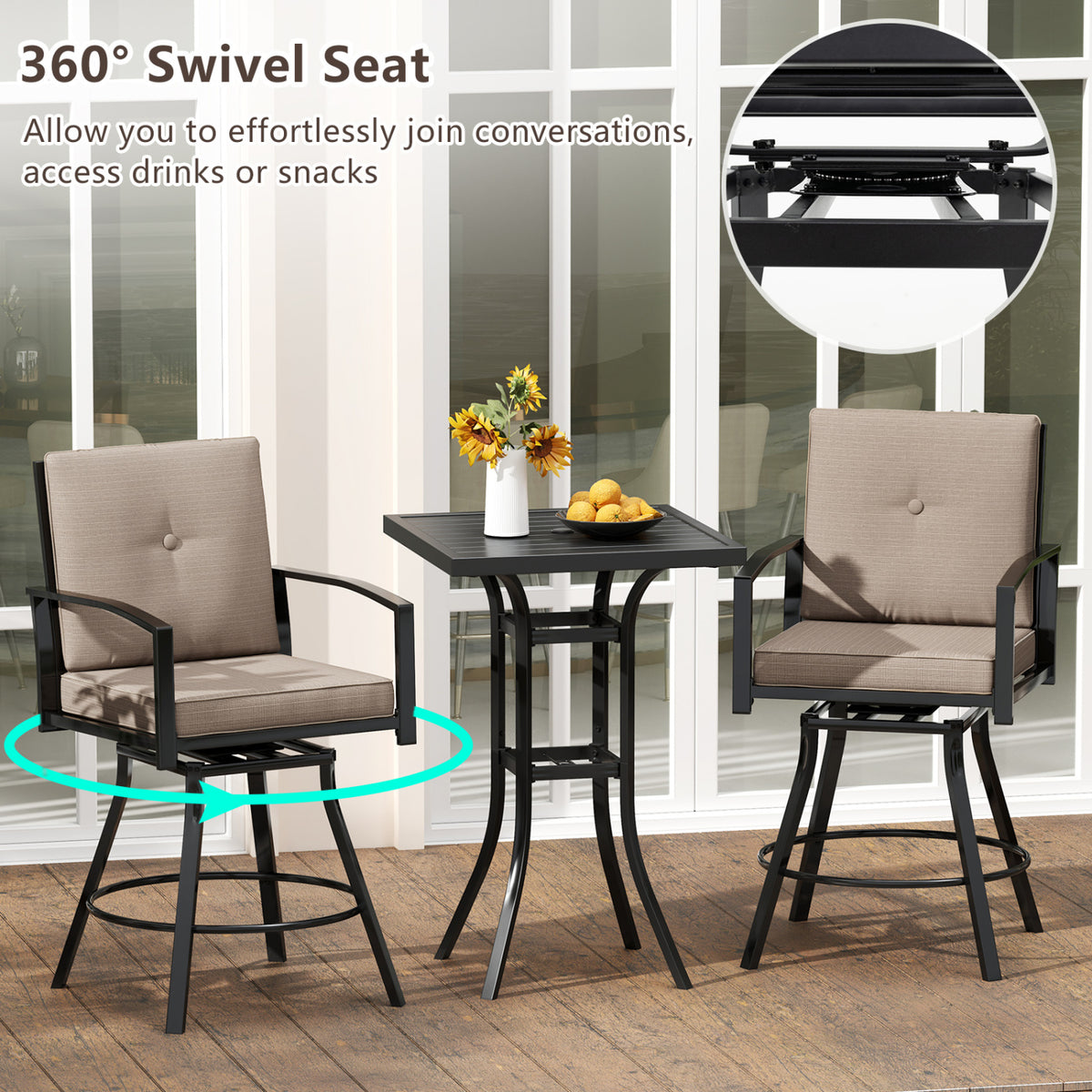 3 Pieces Patio Swivel Bar Set with Soft Cushions and Umbrella Hole-Brown