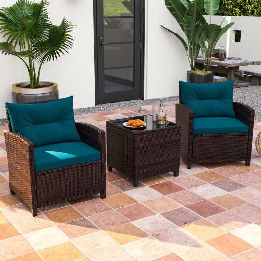 3 Pieces Rattan Patio Furniture Set with Washable Cushion-Peacock Blue