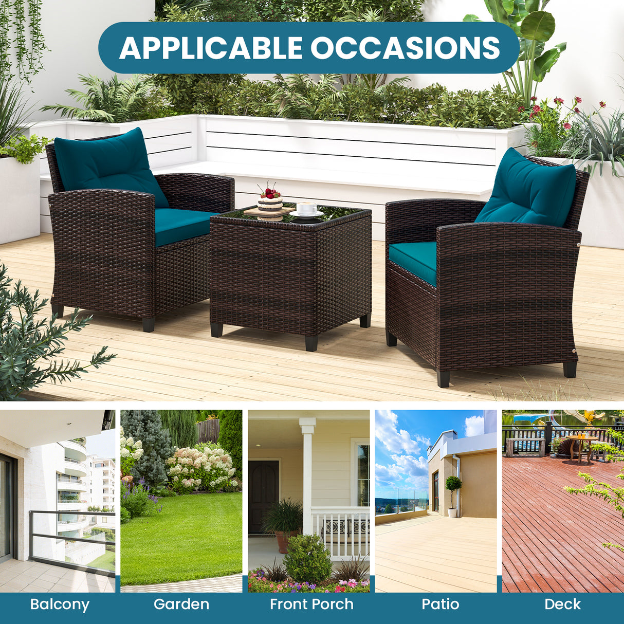 3 Pieces Rattan Patio Furniture Set with Washable Cushion-Peacock Blue