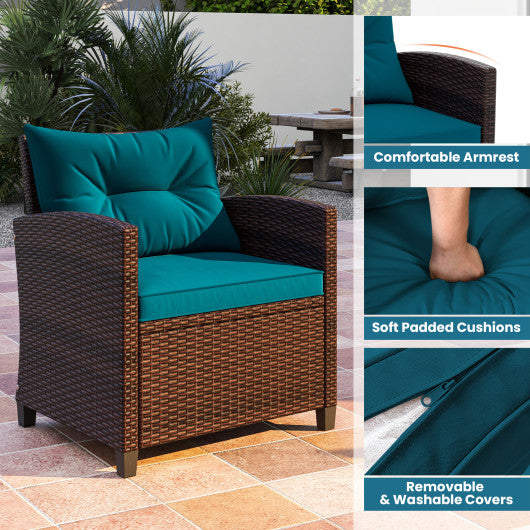 3 Pieces Rattan Patio Furniture Set with Washable Cushion-Peacock Blue