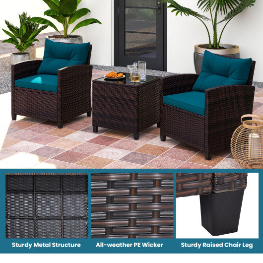 3 Pieces Rattan Patio Furniture Set with Washable Cushion-Peacock Blue