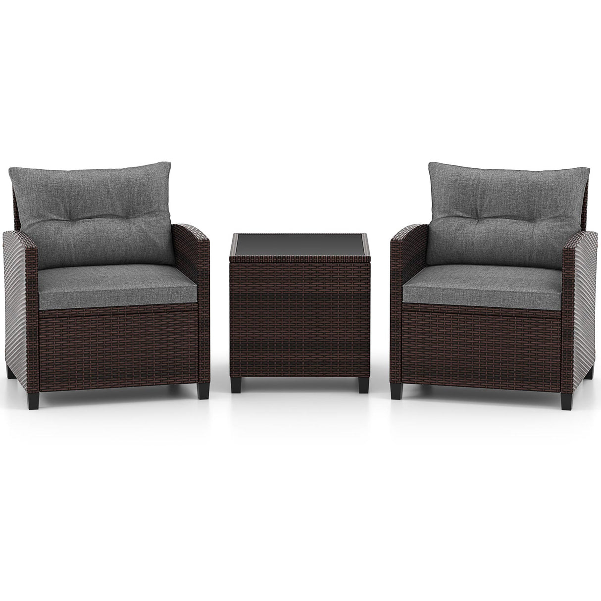 3 Pieces Rattan Patio Furniture Set with Washable Cushion-Gray