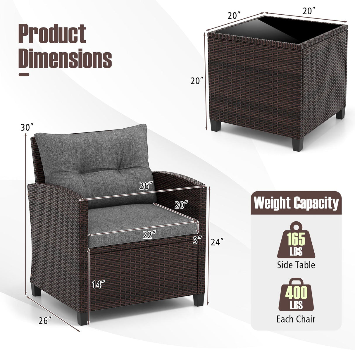 3 Pieces Rattan Patio Furniture Set with Washable Cushion-Gray