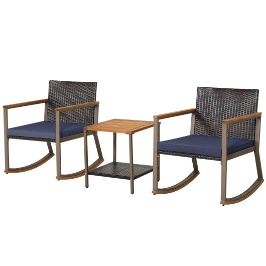 3 Pieces Rattan Rocking Bistro Set with Coffee Table and Cushions-Navy